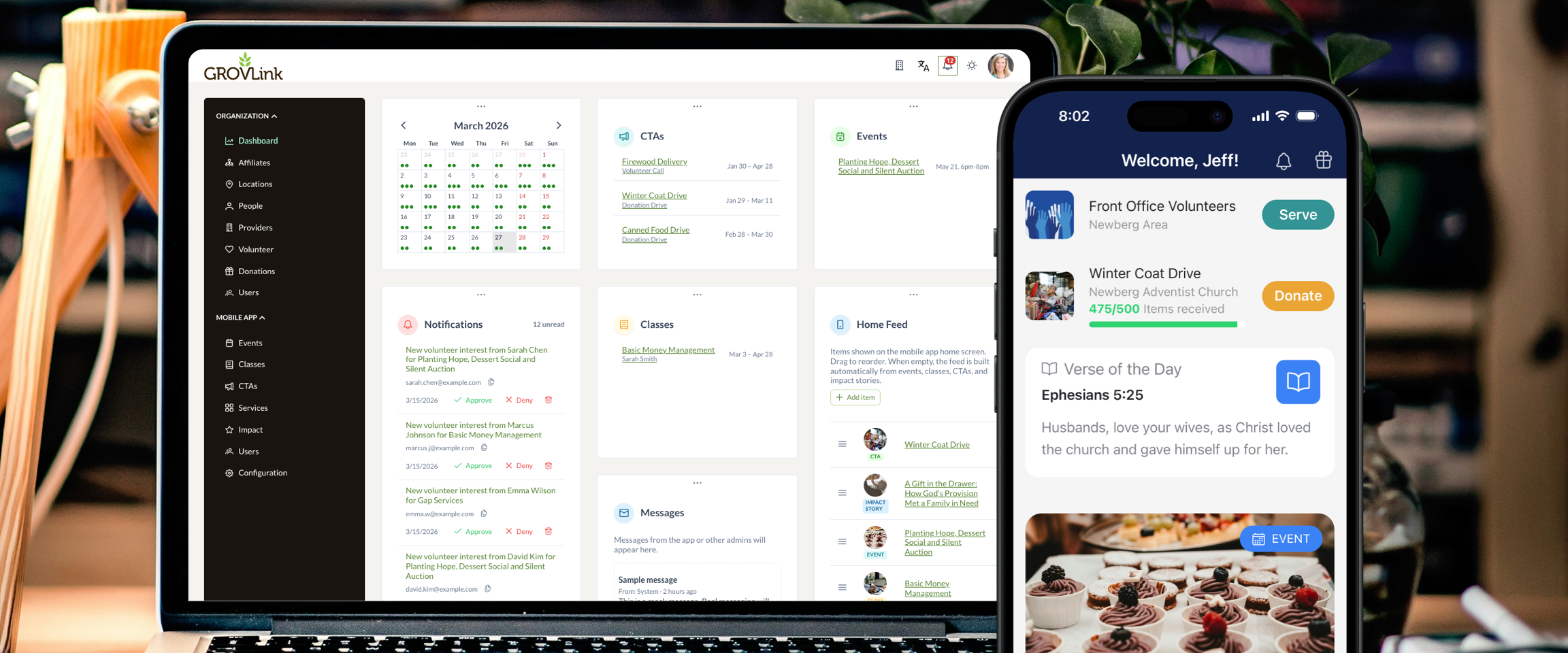GrovLink admin and branded nonprofit mobile app: navigation, home modules, calendar, and events